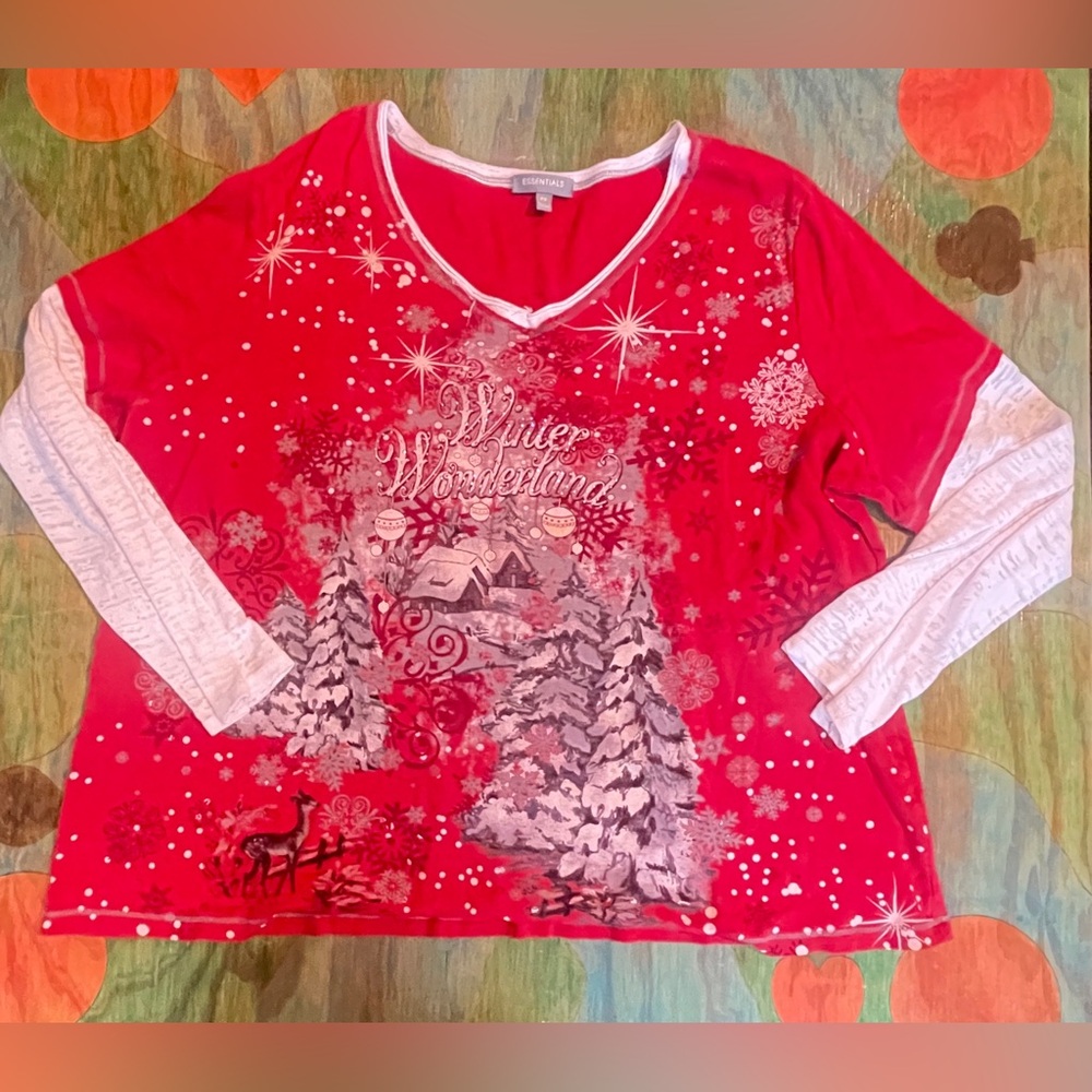 Essentials "Winter Wonderland" Holiday/Winter/Xmas Scene Red Sweatshirt XXL Spar